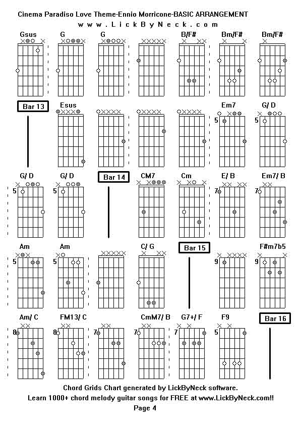 Chord Grids Chart of chord melody fingerstyle guitar song-Cinema Paradiso Love Theme-Ennio Morricone-BASIC ARRANGEMENT,generated by LickByNeck software.